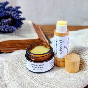 Lavender Vanilla Lip Butter ½ oz amber jar and 5 g bamboo stick from Abide Collection