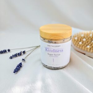 Lavender sugar scrub and brush for exfoliating