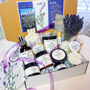 Rooted & Rested Signature Box with 8–10 hand-crafted lavender self-care items, including candle, body butter, hydro mist, tea, and gift-ready packaging