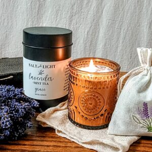 Morning Calm Spring Self-Care Bundle by Salt + Light on cream linen background, featuring lavender candle, calming tea, and embroidered lavender sachet — curated gift for women’s relaxation and self-care.